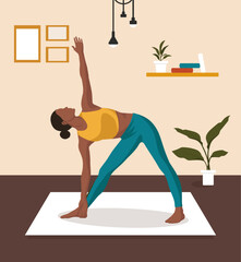 Beautiful black girl with yellow top and blue leggings doing yoga, sport, fitness on mat in room with frames, plants in flat for banners, posters