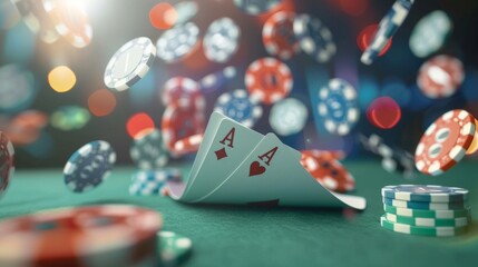 Poker pair of aces and casino chips on table