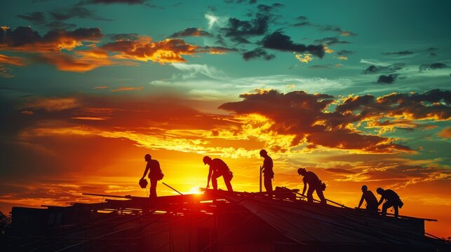 The Silhouette Of A Crew Of Roofers Working On A Roof At Sunset.