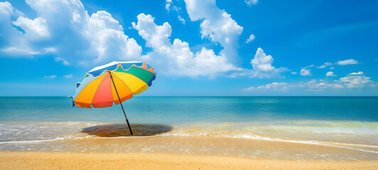 Serene Beach Day with Vibrant Orange and Red Parasol under Sunny Blue Skies