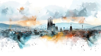 Barcelona. The composition is cinematic and illustrated in the style of a detailed watercolor sketch. created with ai