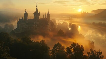Naklejka premium The sun rises over a majestic castle, casting a golden glow on the turrets and towers.