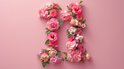 Top View Floral Number 11. Top view of floral number eleven on pink background, ideal for celebrations and invitations.