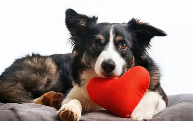 Adorable Dog with Red Heart Pillow