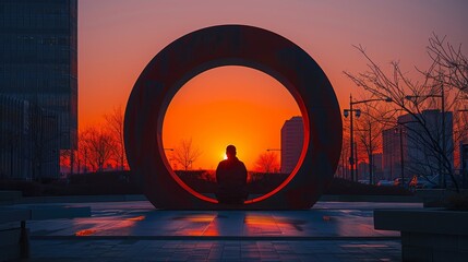 The sun sets over the city. A person sits in a sculpture, silhouetted against the sky.