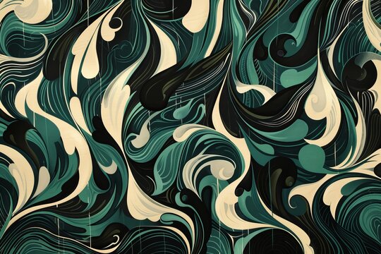 A futuristic time-traveler immersed in a mathematical and Fantasia-inspired brainstorm, portrayed with linocut-inspired dark green and black patterns that emphasize negative space