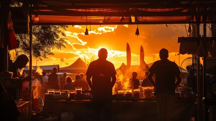 The warm glow of the setting sun casts a golden hue over the bustling food market, silhouettes of people moving about in search of culinary delights.