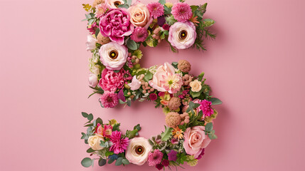 Top View Elegant Floral Arrangement With Number 5. Top view of elegant floral number five on a pink...