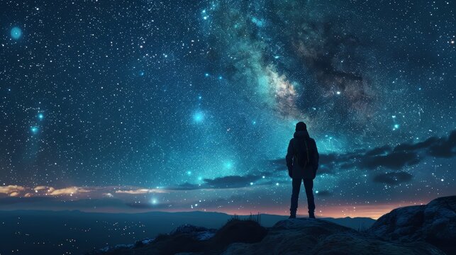 The wonders of the universe as seen through the eyes of a lonely figure standing on a mountaintop.