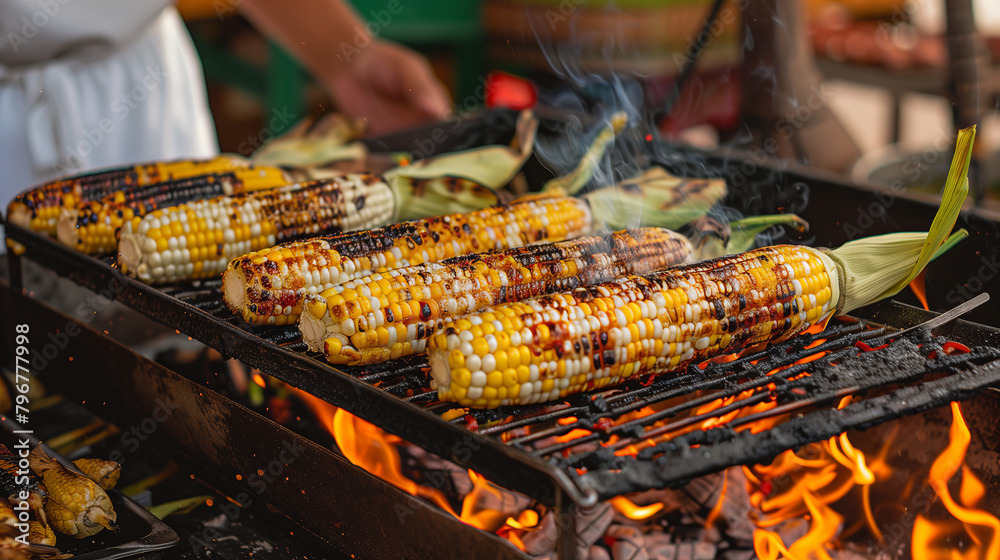 Wall mural an outdoor cooking station grilling flavorful mexican street corn (elote)