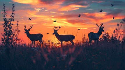 Three deer standing in a field at sunset.