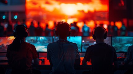 Three gamers play video games at a tournament