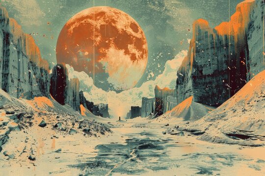 A lone survivor in a toxic wasteland conjures the Gog of Magog amidst a GalacticGlimmer with a wand. 3D linocut abstraction in Terracotta red, beige, and teal