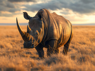 Obraz premium Majestic Rhino in Golden Savannah Light at Sunset