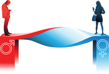 Bridge of difficulties. Allegoric illustration about men can not meet woman. Could be also related to dating, communication, relation, matching each other etc