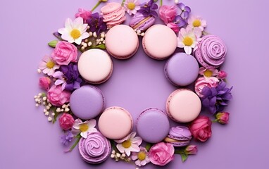 Colorful Macarons and Flowers Wreath on Purple Background