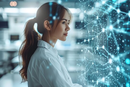 A female professional in a lab coat is pondering over complex network graphics representing data analysis or AI concepts