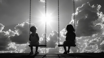 Two children sit on a swing set looking out at the cloudy sky.