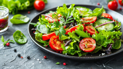 A black plate with a salad of lettuce, tomatoes, and cucumbers