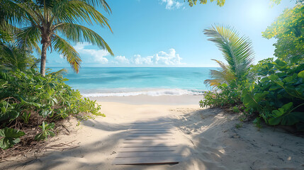 Serene Tropical Beach Pathway Leading to Tranquil Blue Ocean