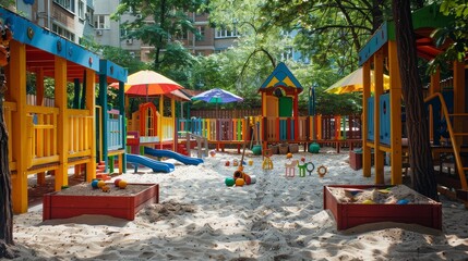 Fototapeta na wymiar Urban Oasis: Vibrant Playground with Sand Box and Colorful Playhouse on Moscow Street
