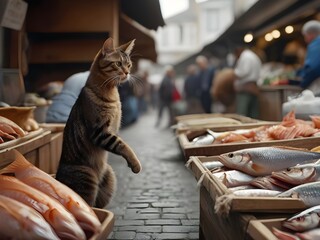 cat looking at fresh fish meal at the market
