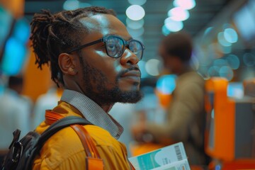 An image of a traveler at the airport with a striking digital network overlaid, symbolizing connection and global travel