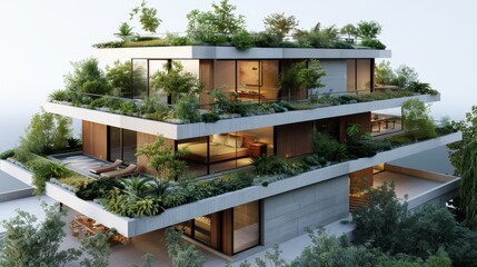 A three story building with a green roof and a lot of trees