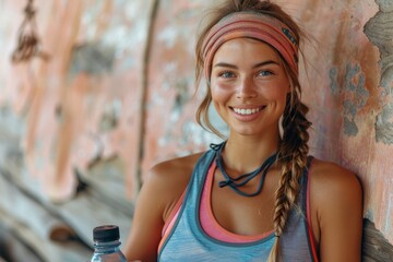 An active and fit woman taking a break with a water bottle at a colorful graffiti wall