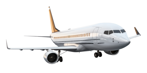 Flying airplane isolated on a white or transparent background. Close-up of a white airplane, side view. Concept of vacation, traveling abroad. Graphic design element.