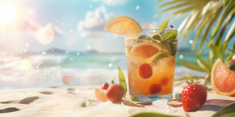 Summer cocktail on tropical beach with fruity garnish. Refreshing vacation and sunny relaxation