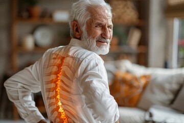 An older adult faces away, showing a superimposed digital vertebral column, highlighting back pain or spinal health issues in seniors