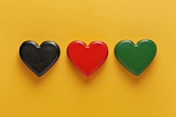 A visually striking image featuring a bright red heart, a deep black heart, and a vibrant green heart arranged on a bold yellow background. juneteenth emancipation day,