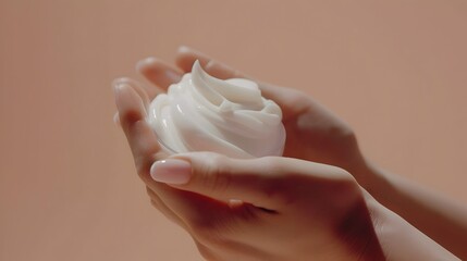 Delicate Hands Applying Nourishing Skincare Cream on Soft,Clean Background