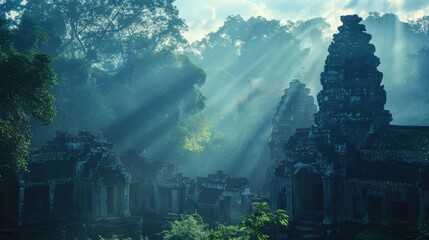 Obraz premium Faint rays of sunlight peeking through the shadows of dense foliage casting a dreamy aura over the distant ruins of an ancient temple. .