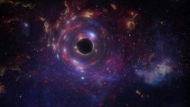 Animation featuring a black hole traveling across space, as it warps the light of the stars and nebulae behind it