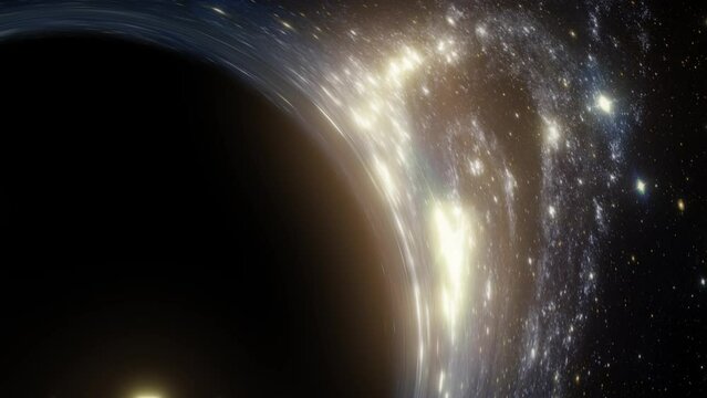 Close-up on the event horizon of a black hole in space as it warps the light of the stars and nebuale behind it. 