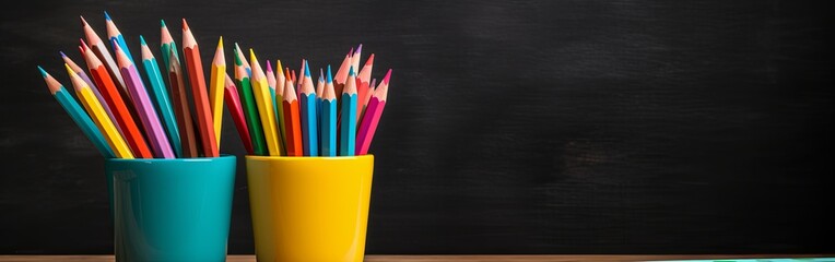 School Desk with Colorful Pencils, Glasses, Chalkboard in Background