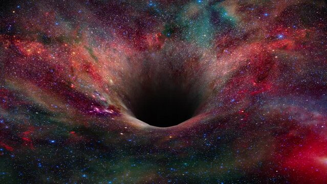 Stars and nebulae orbiting around and being sucked down a vortex from the gravity of an enormous black hole in space.