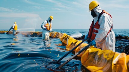 Fototapeta premium Human Response to Oil Spill: Environmental Cleanup Crew in Protective Gear