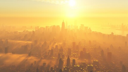 Eerie fog envelops modern city skyline, crafting a mysterious and atmospheric urban scene