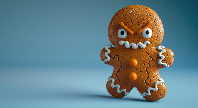 angry gingerbread character with fierce expression and icing decorations, free space for copy  