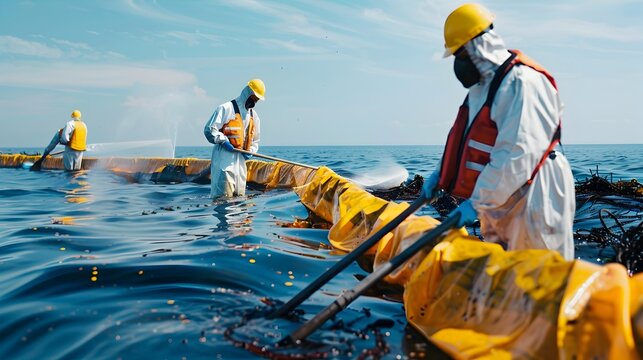 Human Response to Oil Spill: Environmental Cleanup Crew in Protective Gear