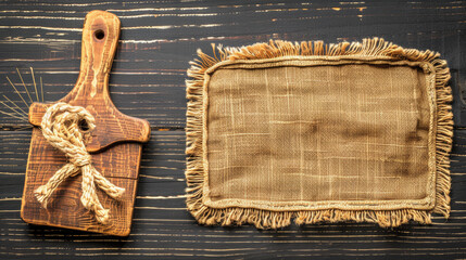 A wooden board with a rope tied to it and a piece of cloth with a frayed edge