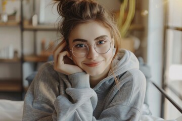 Modern Eyeglasses. Young Woman Fashionably Wearing Stylish Goggles at Home, Smiling Happily
