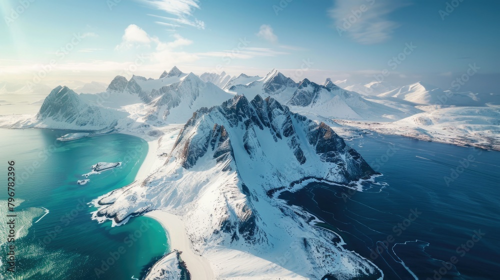 Wall mural mountains in winter. aerial view of reine bay with snow covered mountains in lofoten islands, norge