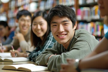 Happy College Students. Diverse Group of Friends Studying Together in University Library