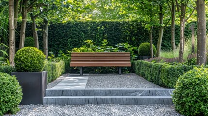 Tranquil garden oasis  minimalist bench for serene escapes from daily chaos and finding inner peace