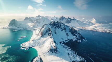 Mountains In Winter. Aerial View of Reine Bay with Snow Covered Mountains in Lofoten Islands, Norge - obrazy, fototapety, plakaty