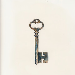 Minimalistic watercolor illustration of a key on a white background, cute and comical, with empty copy space.